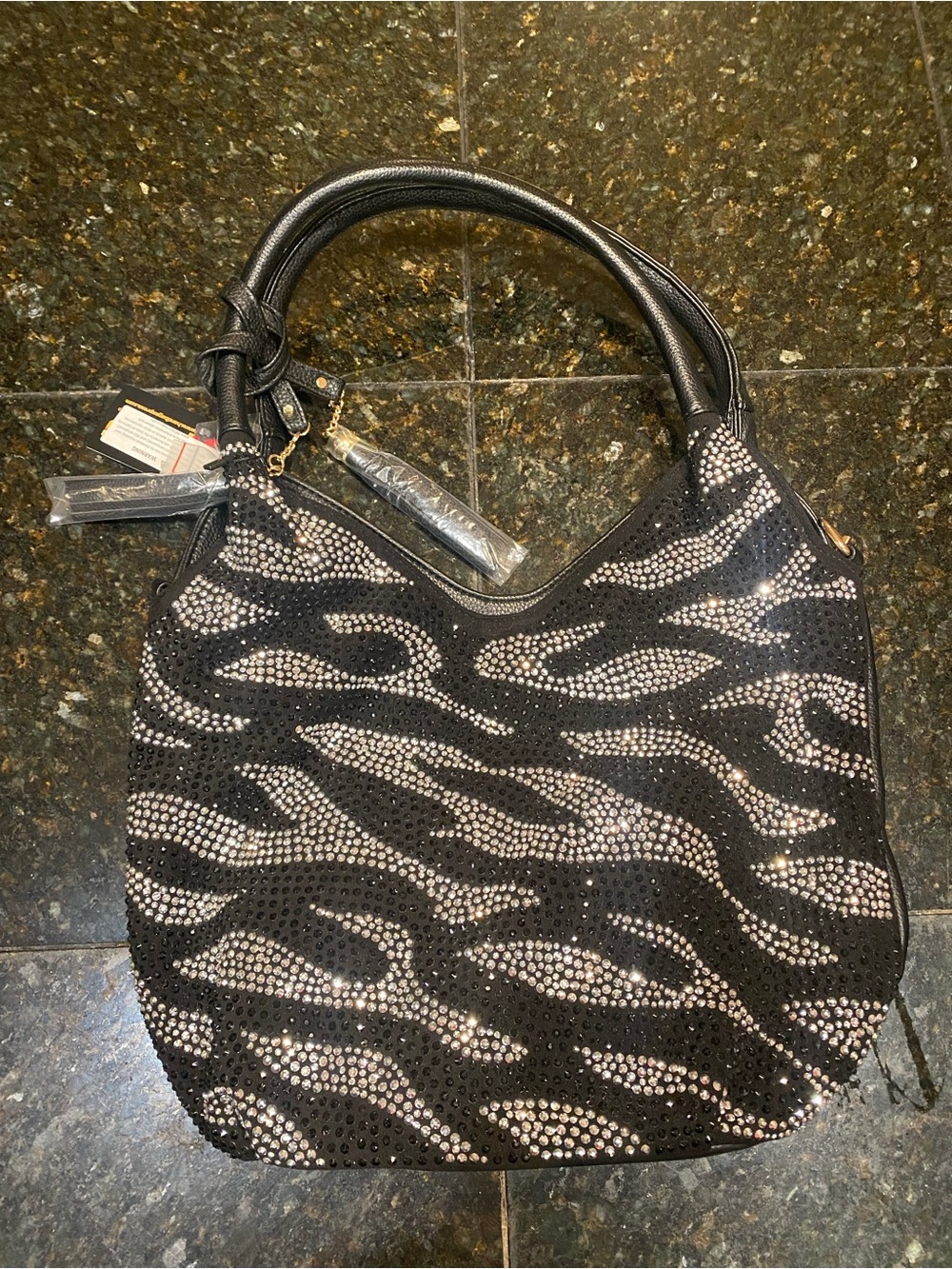 Black Rhinestone Zebra Hobo Shoulder Bag